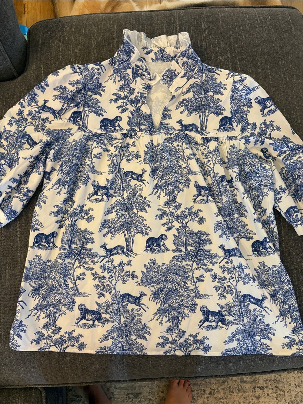 Women’s Blue and White Animal Print Ruffle-Neck Top